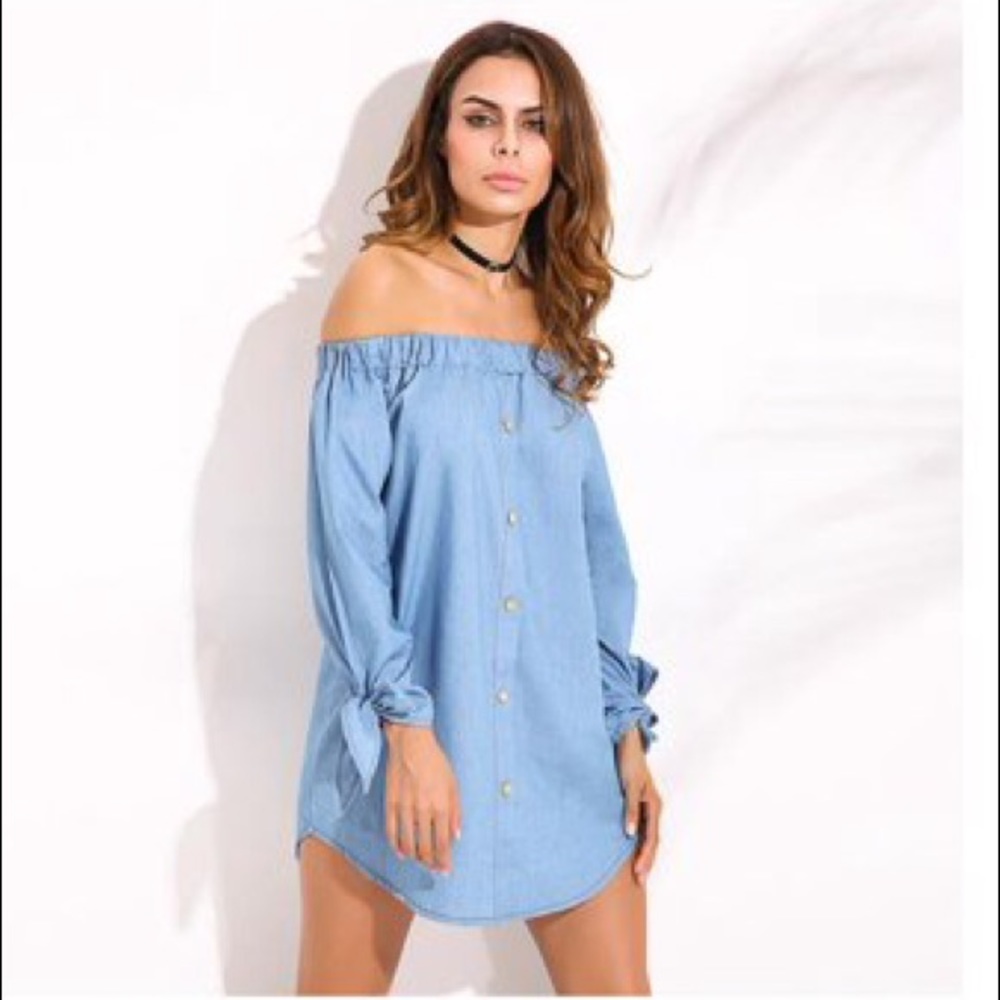 NWT ZANZEA Blue Off Shoulder Button Mini Dress